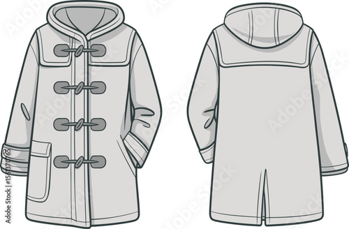 CAD drawing flat vector illustration of duffle coat, hooded outerwear, toggle closure, front and back view, structured design, garment layout, fashion sketch, winter clothing template