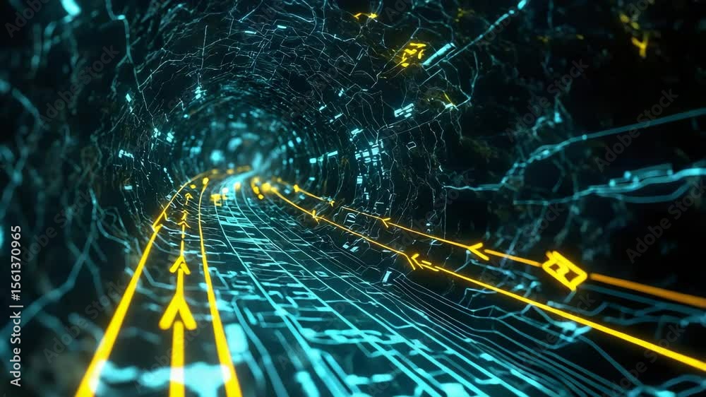 Location detection in 3D tunnel map system with glowing arrows and wireframe routes guiding path through layered underground structure