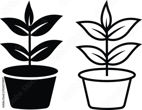 Black bush potted plant flat, line icon set. Silhouette growing home plant, seedling for decorating interior with nature, planting with cultivation in vectors garden. Symbol of growth, freshness, eco.
