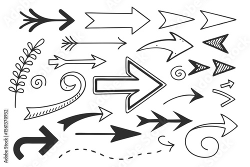 Hand-Drawn Arrow Collection in Vector Sketch Style Featuring Zigzag and Circular Black Icons for UI Navigation Symbols, Infographic Layouts, and Presentation Designs.

