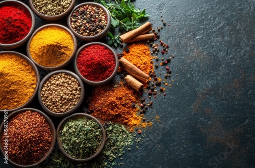 Composition of colorful ground spices and dried herbs on dark stone
