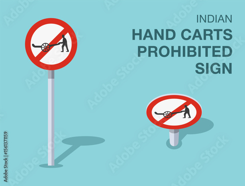 Traffic regulation rules. Isolated indian "hand carts prohibited" road sign. Front and top view. Flat vector illustration template.