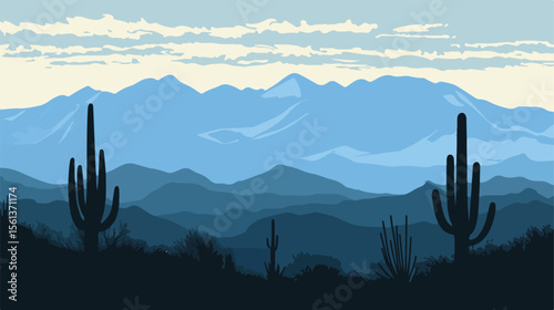 Colorful Cartoon Desert Landscape with Cactus and Hills