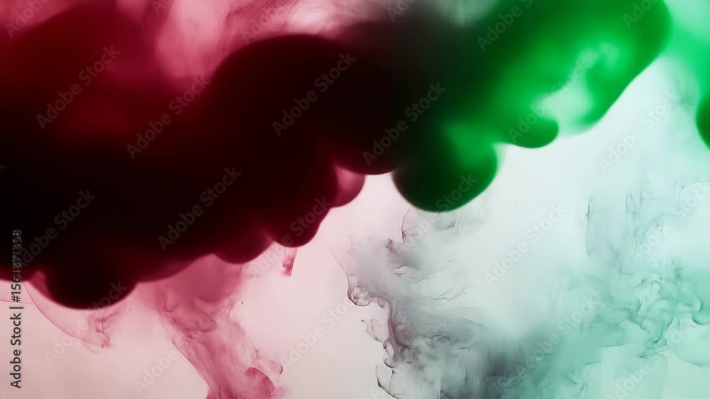 Looping ink spill motion in cloudy rose and soft sage over rough paper texture