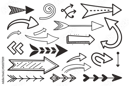 Vector Hand-Drawn Arrows Featuring Zigzag and Circular Black Sketch Lines for UI Navigation Templates, Infographic Charts, and Presentation Design Layouts.

