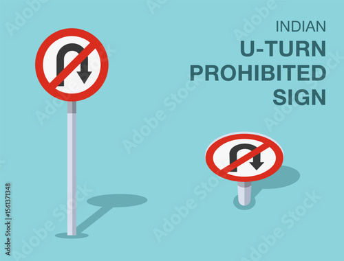Traffic regulation rules. Isolated indian "u-turn prohibited" road sign. Front and top view. Flat vector illustration template.