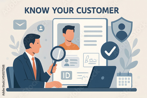 Know Your Customer: A businessman examines a customer profile through a magnifying glass, symbolizing the importance of understanding customer needs.
