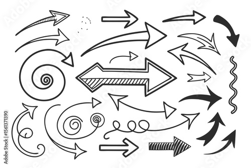 Hand-Drawn Arrow Icons Set Featuring Curved, Circular, and Swirled Black Sketch Lines in Vector Format for UI Navigation Layouts, Infographics, and Presentation Templates.

