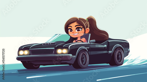 Cartoon Girl Driving Black Car: Fun and Colorful Flat Vector Illustration