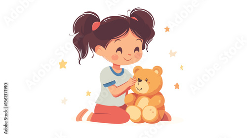 Adorable Cartoon Girl Playing with Cute Teddy Bear in Flat Vector Illustration