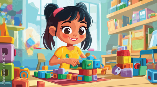 Cheerful Cartoon Girl Engaging with Educational Toys