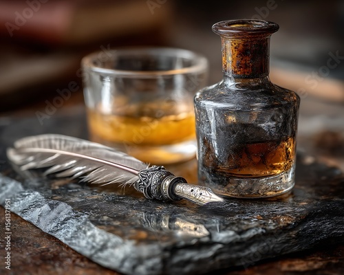 Antique Inkwell with Quill Pen, and and Whiskey Still Life on Slate Stone Vintage Concept.