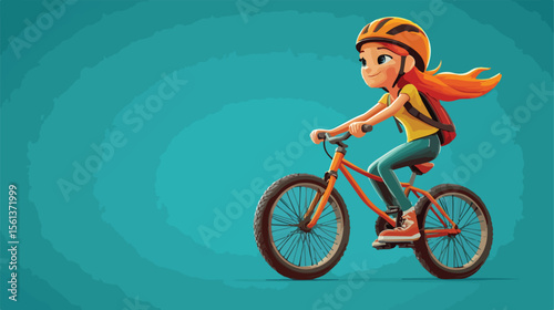 Cartoon Girl Riding Bike Flat Vector Illustration