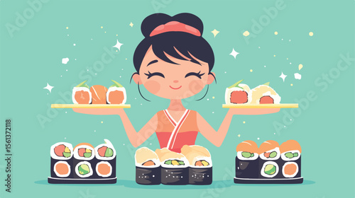 Cute Cartoon Girl Enjoying Delicious Sushi in Flat Vector Illustration