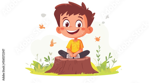Joyful Cartoon Boy Sitting on Tree Stump