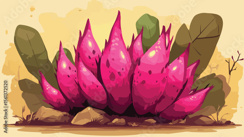 Colorful Cartoon Illustration of Dragon Fruit on Wooden Background