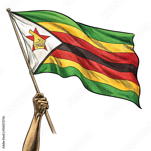 Zimbabwean flag waving in strong hand gesture featuring bold colors and national pride symbolism