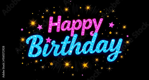 happy birthday sticker vector, neon birthday glow illustration, glowing birthday sign, luminous birthday sticker vector, sparkling birthday neon, birthday glowing poster, shining birthday label design