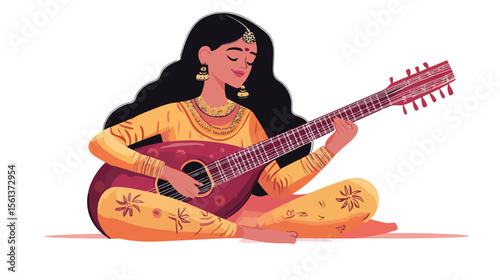 Indian Woman Playing Sitar Flat Vector Illustration