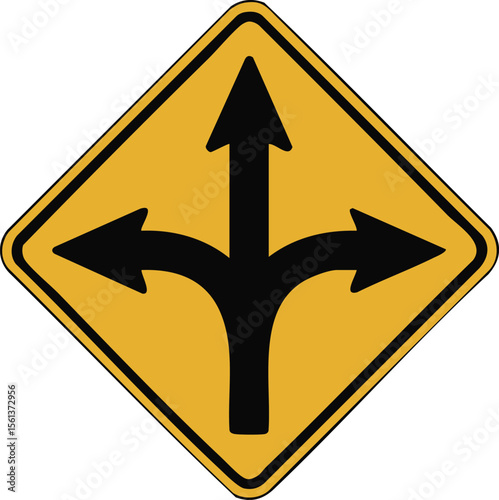 Three Way Directional Arrow Sign Traffic Choice Road Safety Yellow Black Guidance Route Navigation Intersection Symbol Marker

