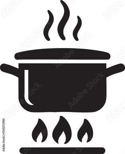 Cooking Pot Over Open Flame with Steam Rising