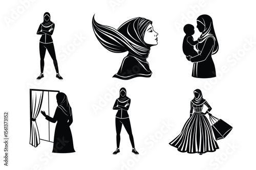 set of silhouette vector of a woman in hijab