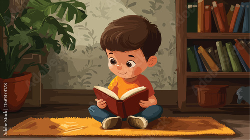 Young boy engrossed in reading comic book