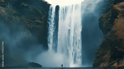 Majestic Waterfall A Solitary Figure Against Nature's Grandeur