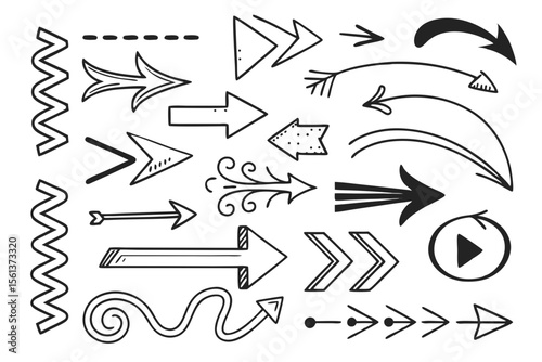 Vector Hand-Drawn Arrows in Sketch Style Featuring Black Curved, Zigzag, and Circular Icons for UI Navigation Templates, Infographic Charts, and Web Presentation Layouts.

