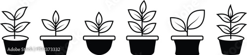 Black bush potted plant icon set. Silhouette growing home plant, seedling for decorating interior with nature and planting with cultivation in vectors garden. Symbols of growth, freshness and eco.