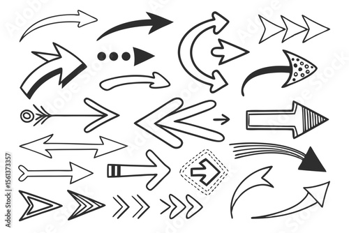 Black Hand-Drawn Arrows Set in Vector Sketch Style Featuring Circular and Swirled Designs for UI Navigation Layouts, Infographic Templates, and Presentation Graphics.

