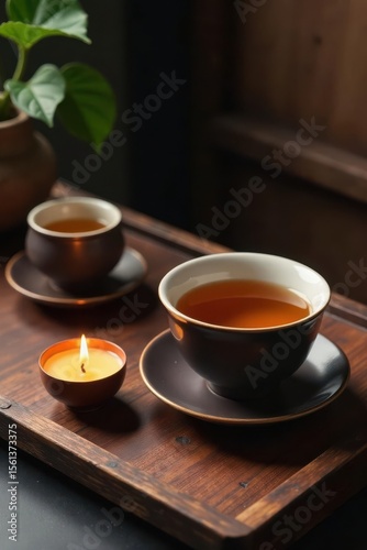 Rustic backdrop features Asian tea set, lit candle Overhead shot Copy space , hot, chinese
