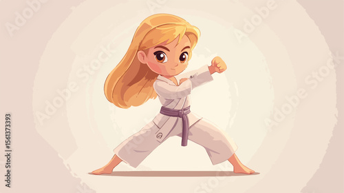 Dynamic Cartoon Little Girl Practicing Karate Vector Illustration