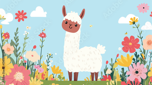 Whimsical Cartoon Llamas and Flowers Flat Vector Illustration