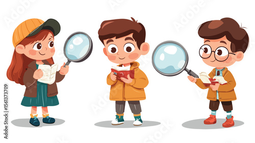 Cute Cartoon Girl Looking Through Magnifier Glass with Excitement