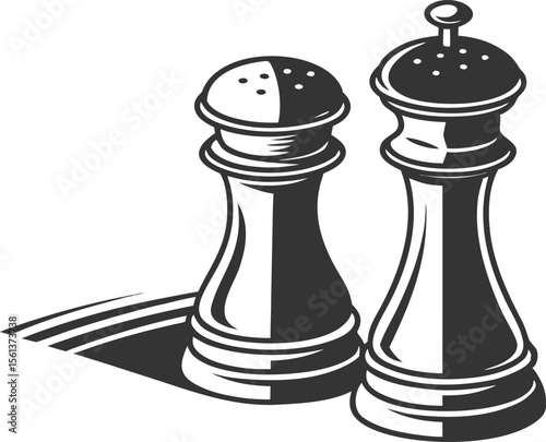 Vector art of two salt and pepper shakers with shadows, isolated on white background