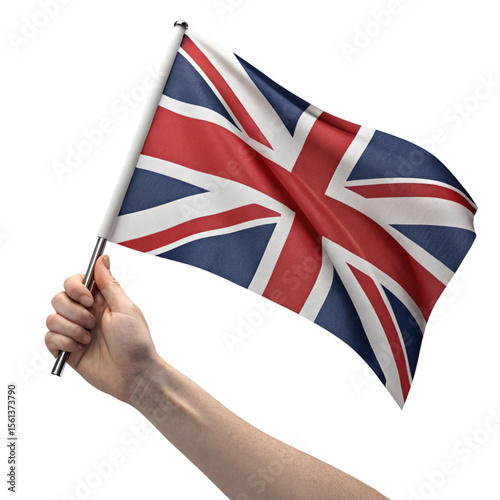 United Kingdom flag in a waving hand pose rendered in transparent PNG symbolizing national pride and heritage