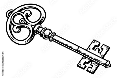 Ornate Vintage Key Icon in Simple Vector Line Art Style on White