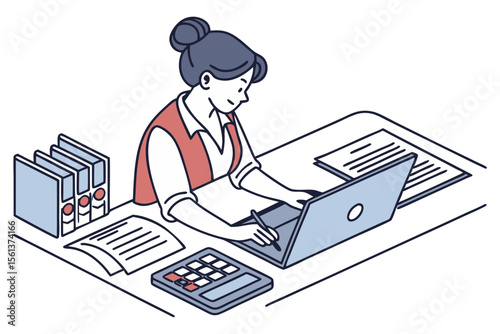 Woman Accountant Using Laptop and Papers in Modern Vector Style