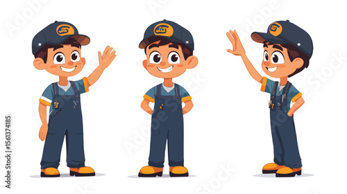 Cheerful Cartoon Mechanic Boy Waving in Flat Vector Illustration