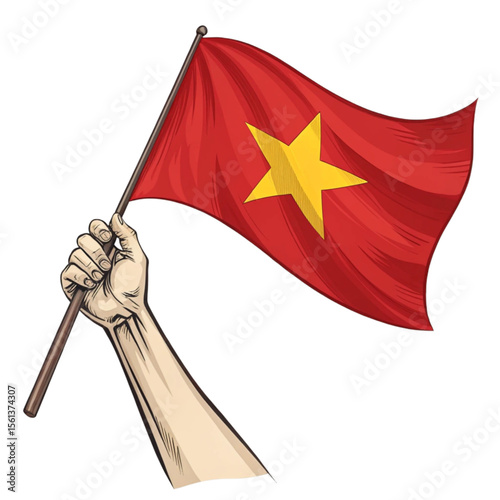 Vietnam flag held firmly in raised hand illustration in transparent PNG representing unity and bold national color