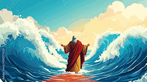 Cartoon Moses Parting Red Sea Flat Vector Illustration