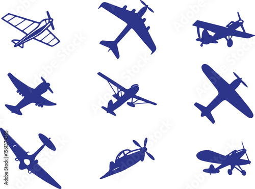 Airplane Silhouettes Vector Icons – Aircraft in Flight, Landing, and Takeoff Positions for Aviation, Travel, and Airport Themes