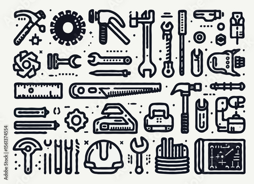 Black outline vector icons set with a tools and engineering theme, including hammer, screwdriver, saw, wrench, drill, nut, bolt, safety helmet, pipe, technical ruler, and blueprint