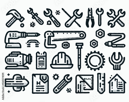 Black outline vector icons set with a tools and engineering theme, including hammer, screwdriver, saw, wrench, drill, nut, bolt, safety helmet, pipe, technical ruler, and blueprint