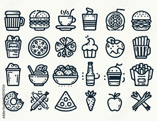 Simple black line vector icons of food and drink, clean iOS 8 style
