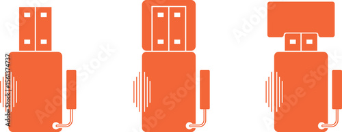 USB flash drive for laptop and computer, USB flash drive without cover, USB flash drive in laptop socket. Vector icons