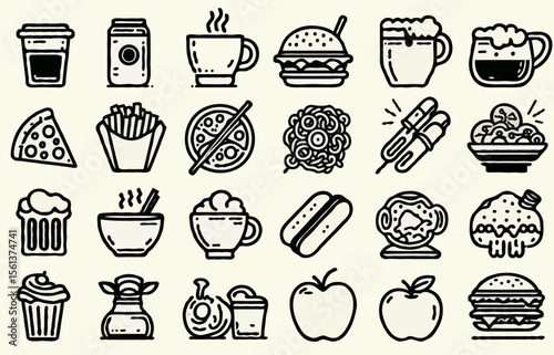 Simple black line vector icons of food and drink, clean iOS 8 style