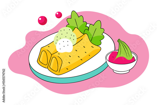 Colorful Mexican Tamales Vector with Sour Cream and Radish Garnish