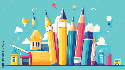 Creative Cartoon Pencil Writing School Design Vector Illustration